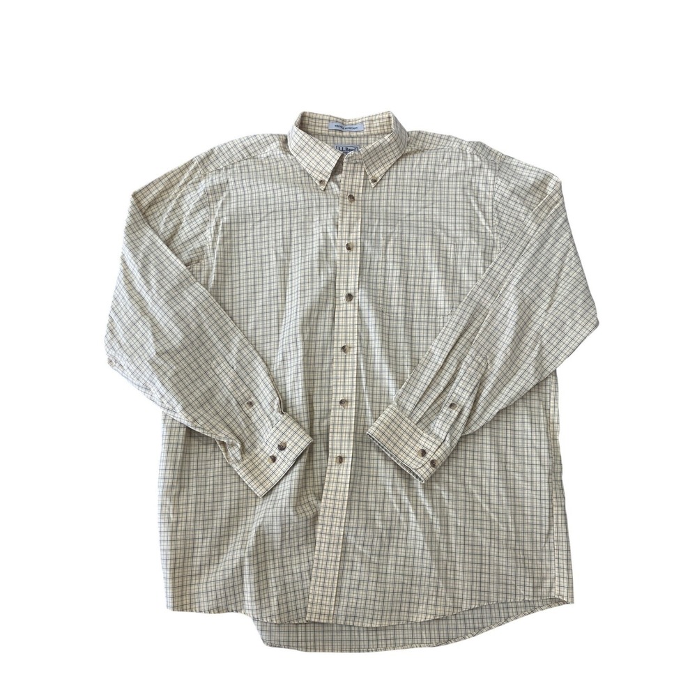 LLBean Mens Wrinkle Resistant Plaid Button Down Shirt XL Yellow Blue Tan